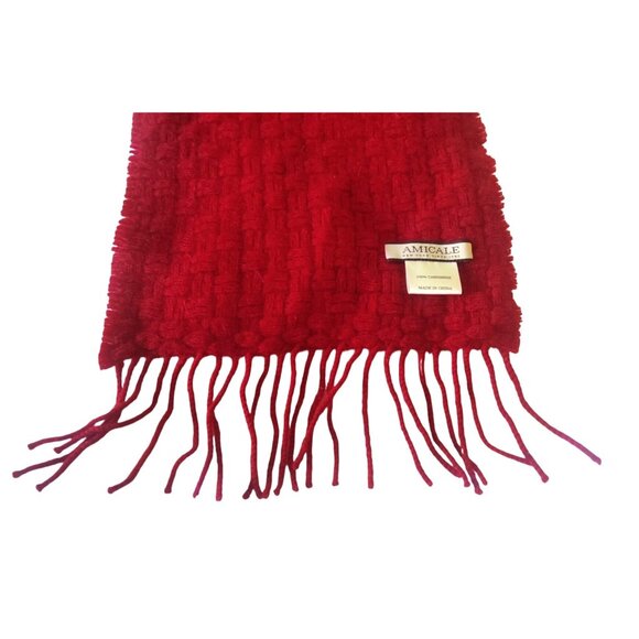 Amicale 100% Cashmere Red Woven Scarf With Fringe Ends 66x10 Inches - Picture 5 of 10